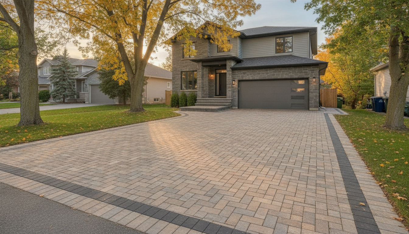 New interlock driveway with dark border course in front of an Ottawa home