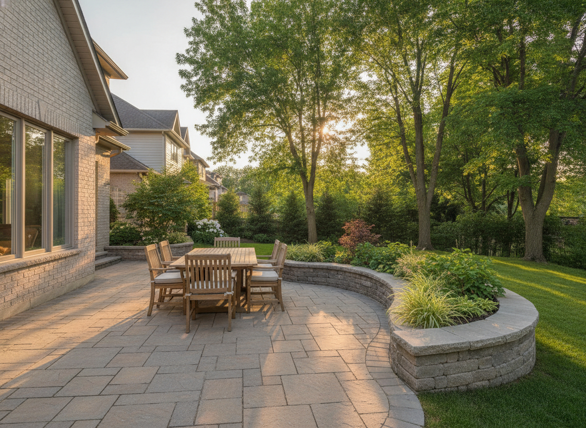 Backyard interlock patio with retaining wall planter